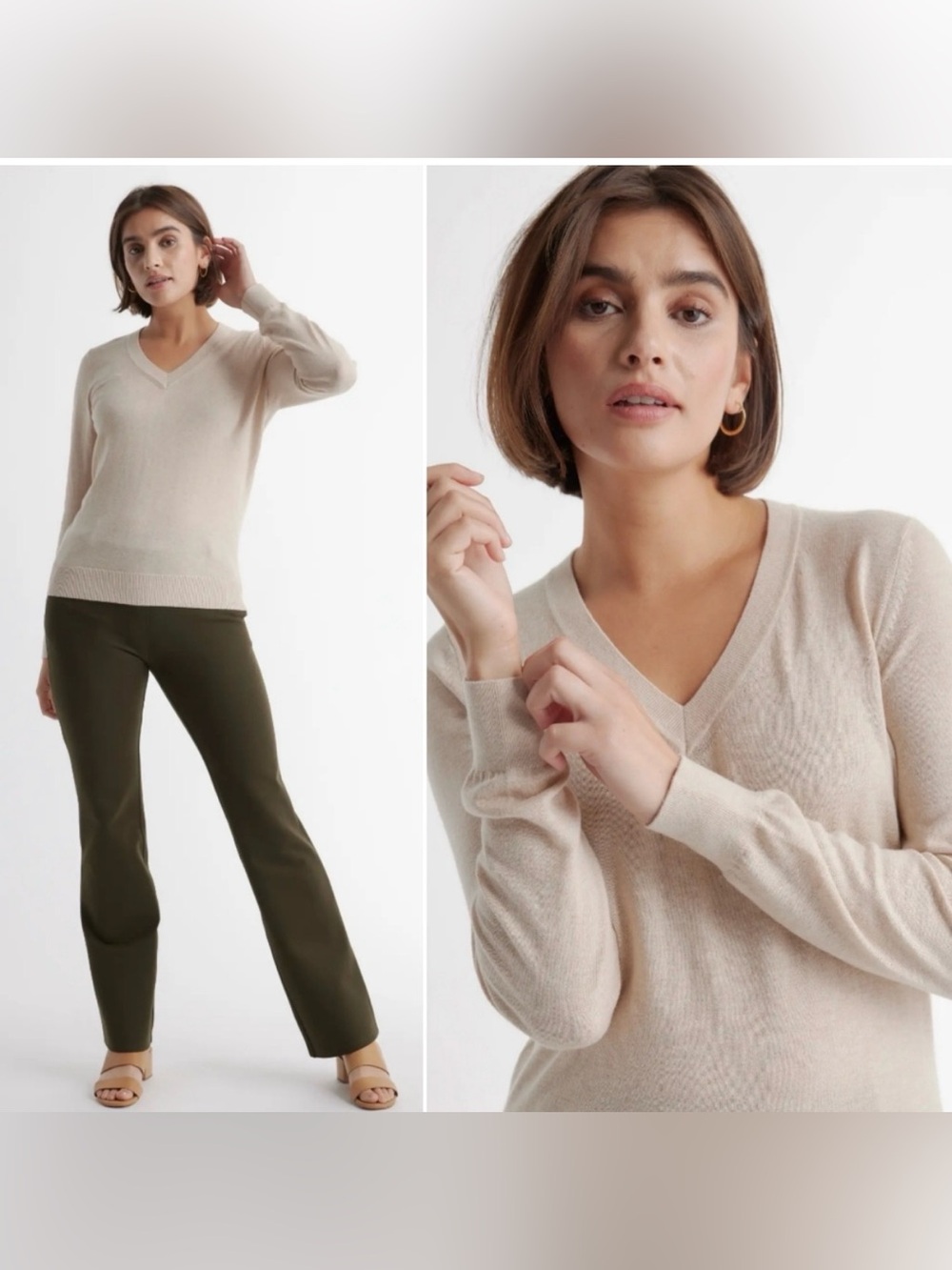 Perfect Quince Lightweight Cotton Cashmere V-Neck Sweater in Heathered Oatmeal - Picture 1 of 9